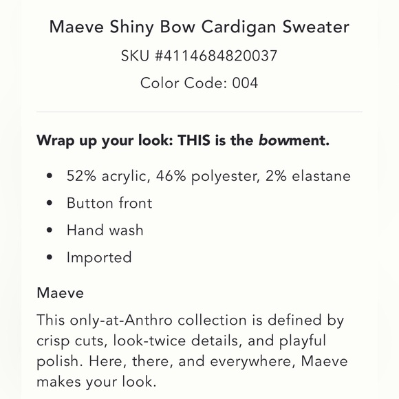 MAEVE ANTHROPOLOGIE Shiny Bow Cardigan Sweater L - Picture 14 of 14